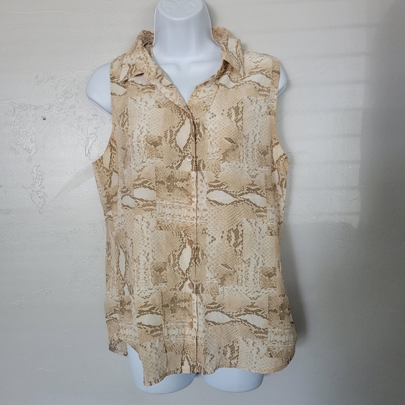 Equipment Women's Small 100% Silk Tan White Snakeskin Sleeveless Blouse Button - Picture 1 of 8